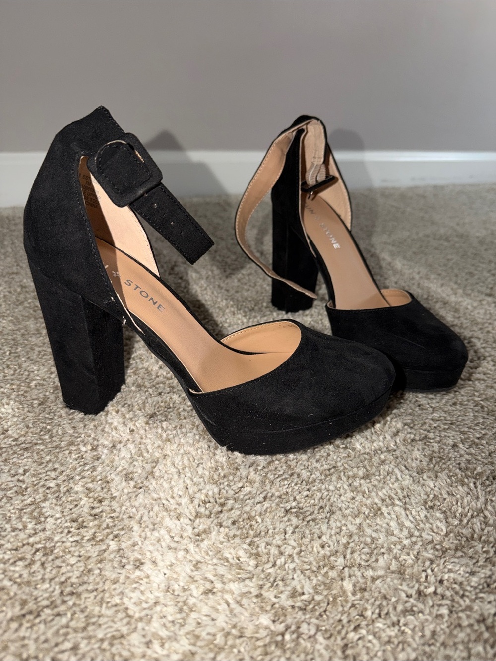Sun + Stone Black Suede Platform Ankle-Strap Block Heels